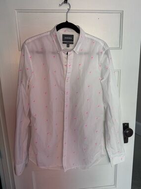 Bonobos White Long-Sleeve Button-Down Shirt with Pink Flamingo Motif